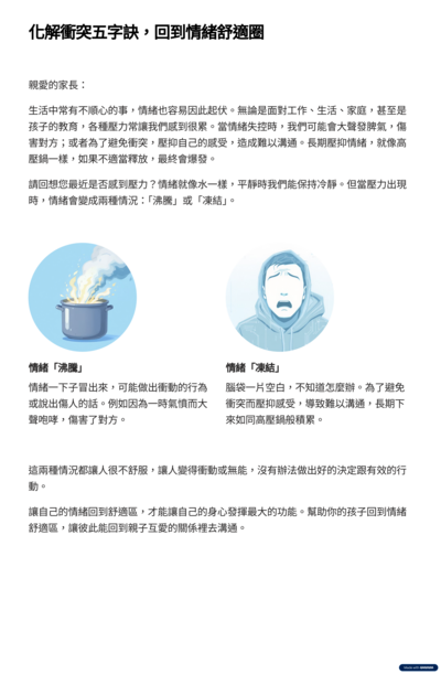 親職教育宣導「停、看、聽、想、說－化解親職衝突五字訣」圖片